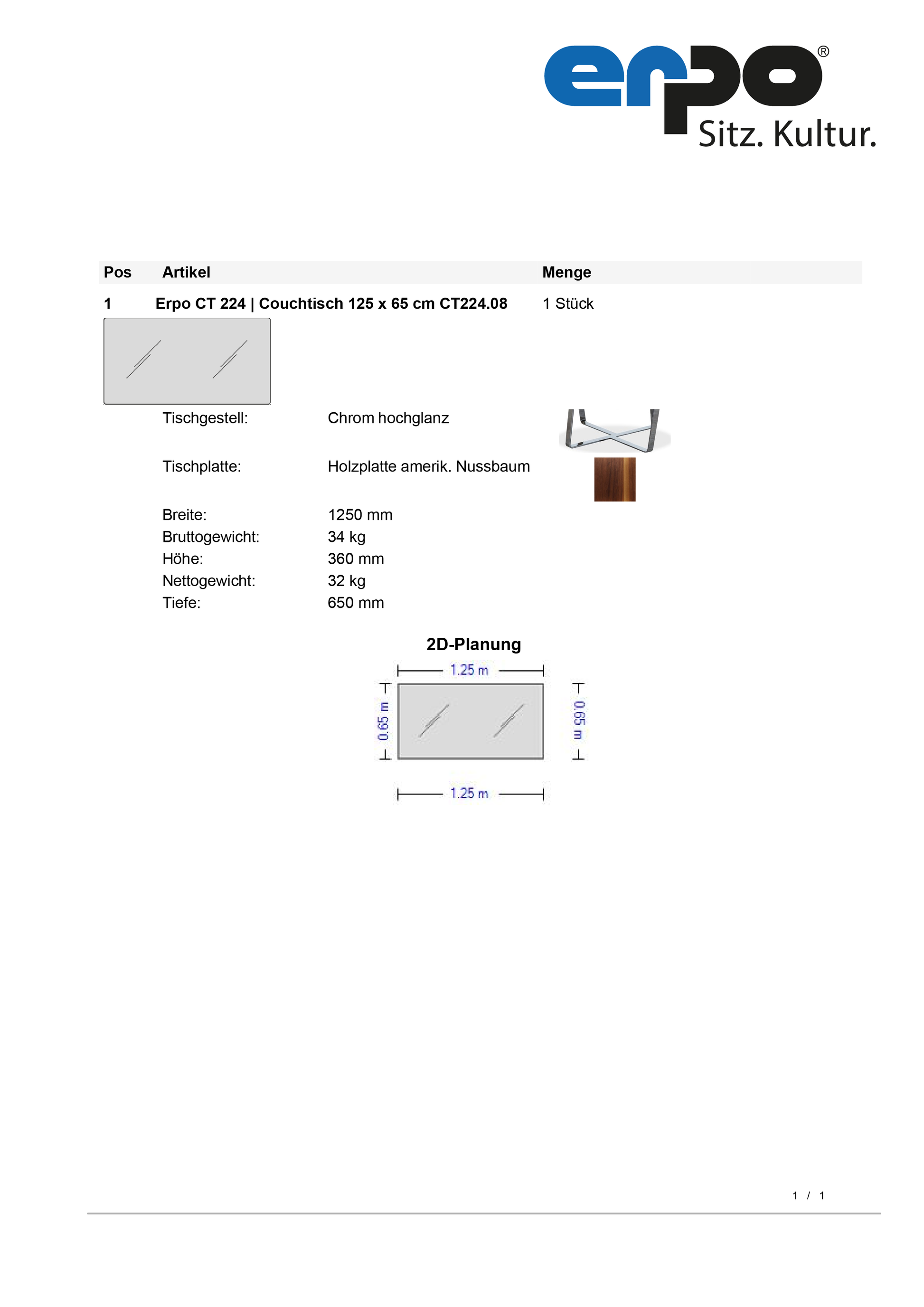 Couchtisch Holzplatte nussbaum 125 x 65 cm