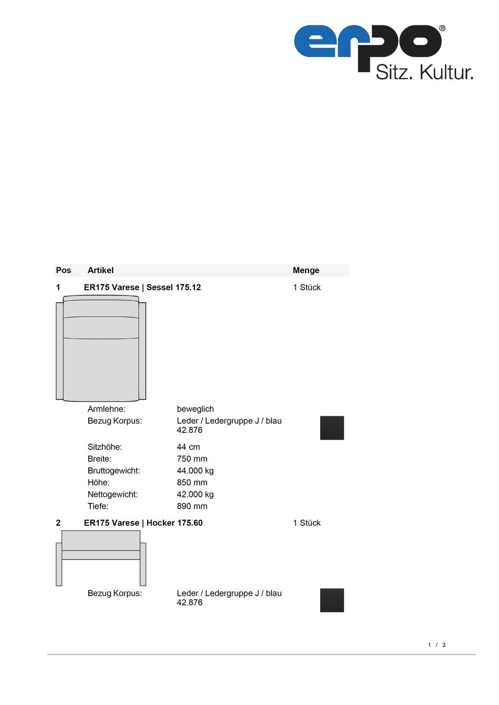 ER175 Varese Sessel mit Kopfstütze und Hocker
