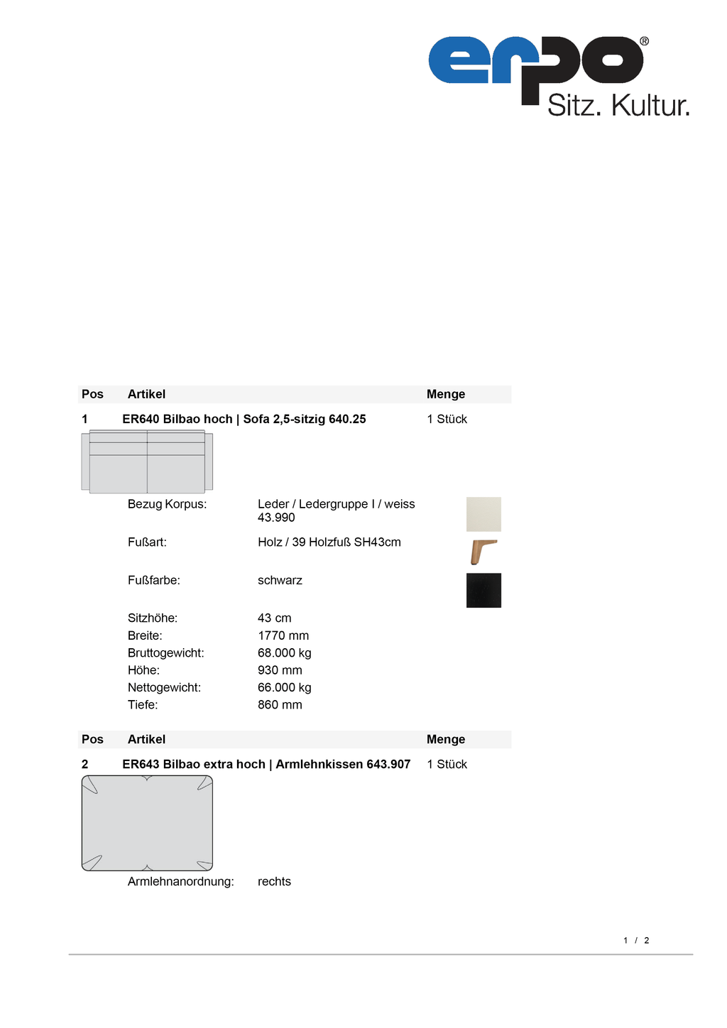 ER640 Bilbao Sofa breit mit Armlehnkissen