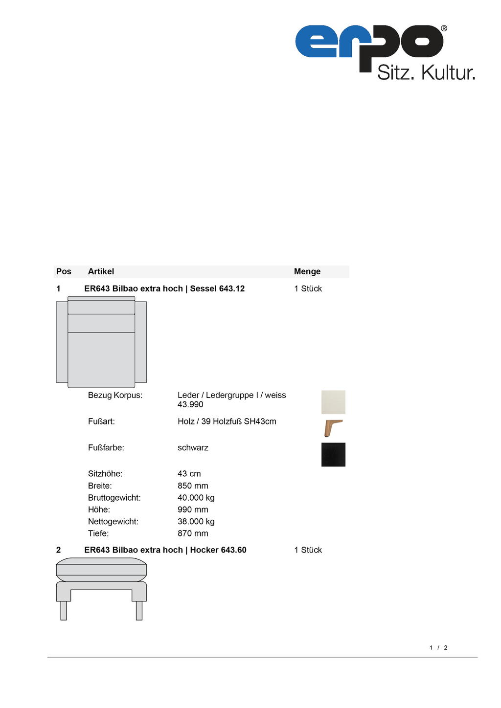 ER643 Bilbao extra hoch Sessel mit Hocker