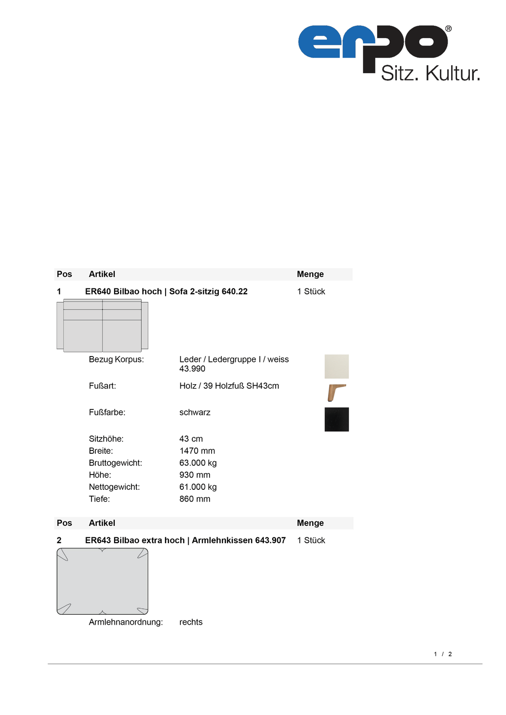 ER640 Bilbao Sofa mit Armlehnkissen