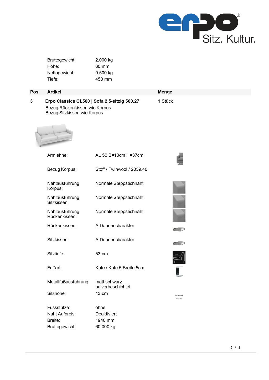 CL500 Twinwool Sofa 2,5-Sitzer breit