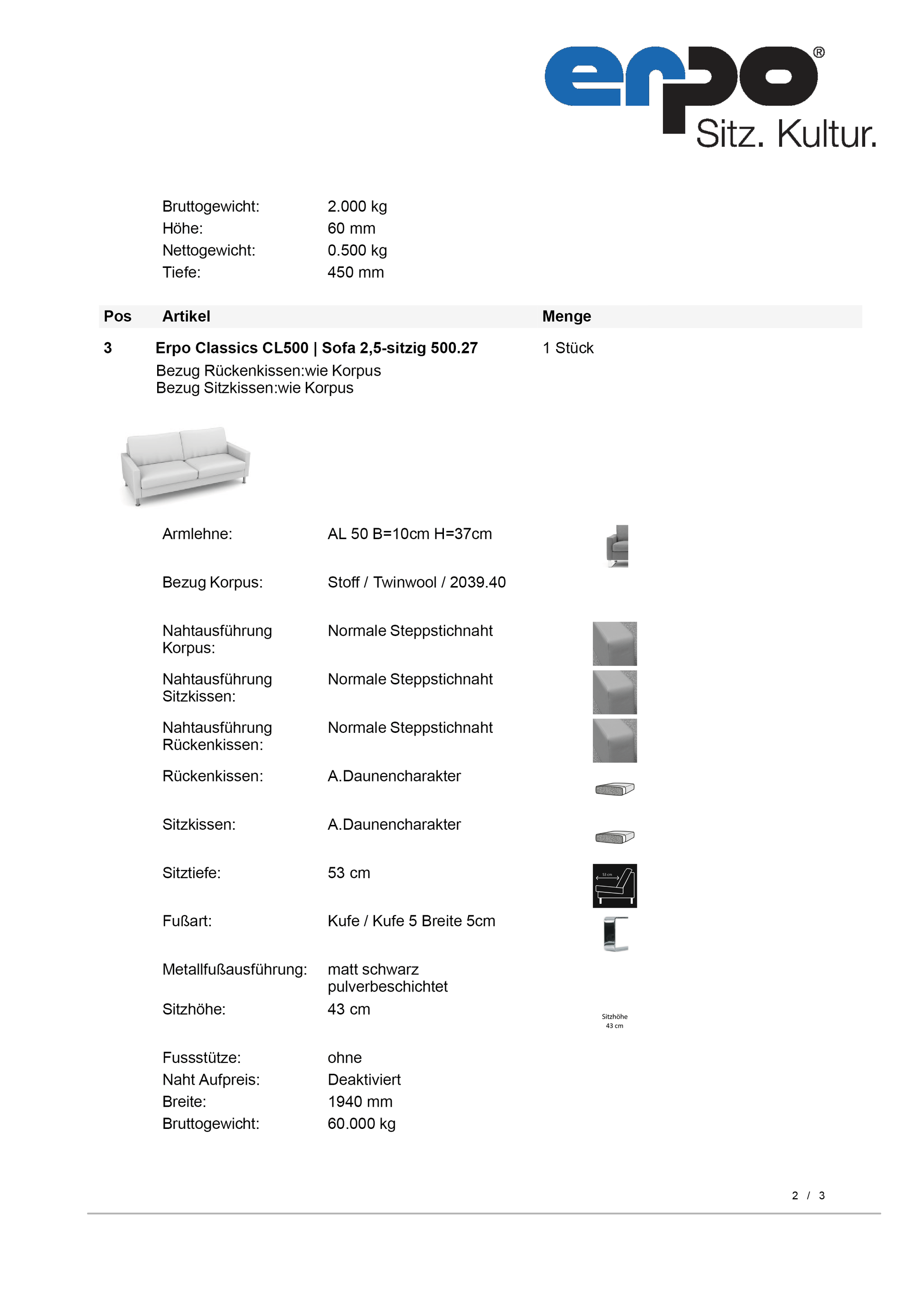 CL500 Twinwool Sofa 2,5-Sitzer breit